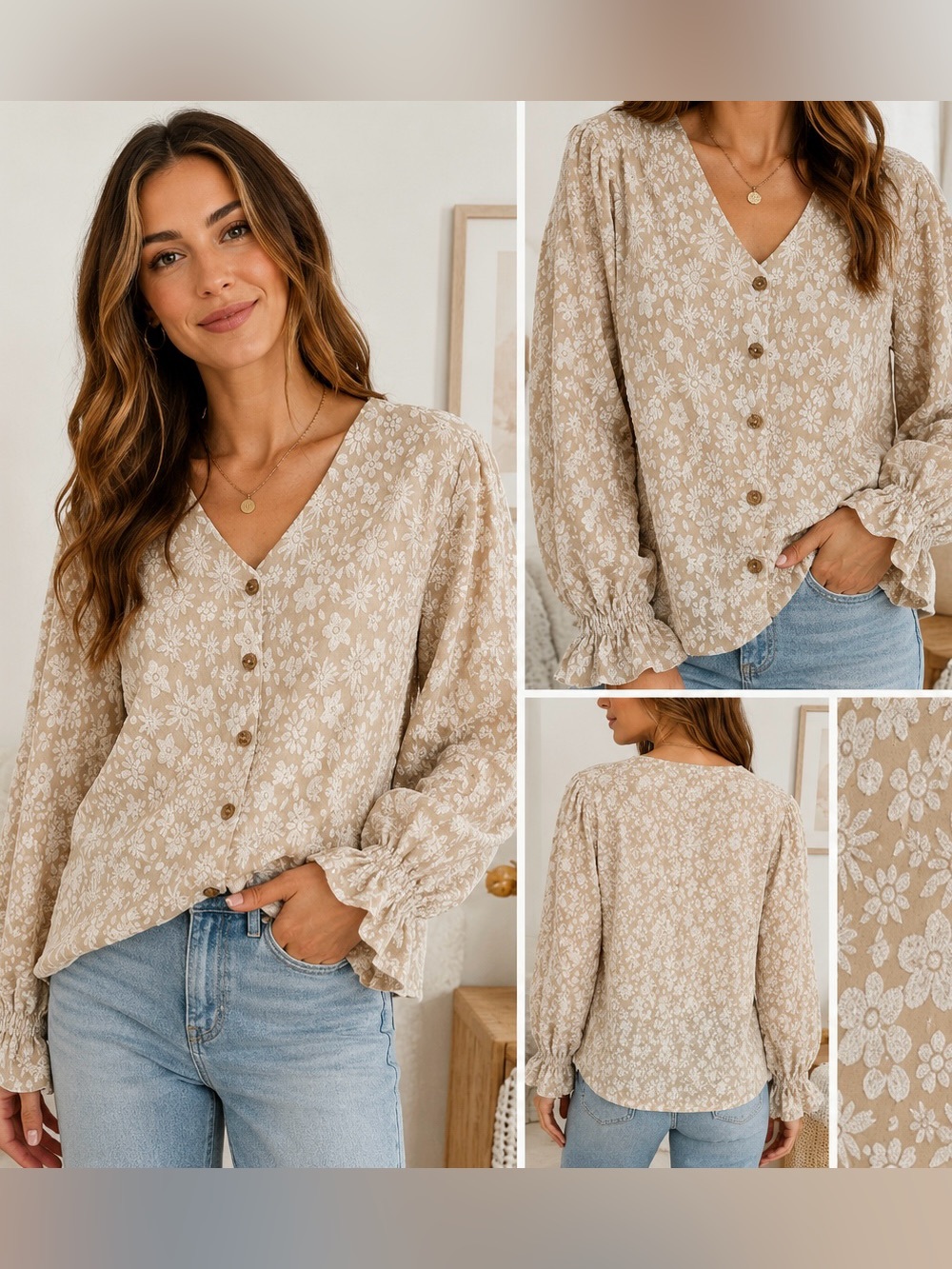 BiBi Beige & White Floral Blouse, Size S
